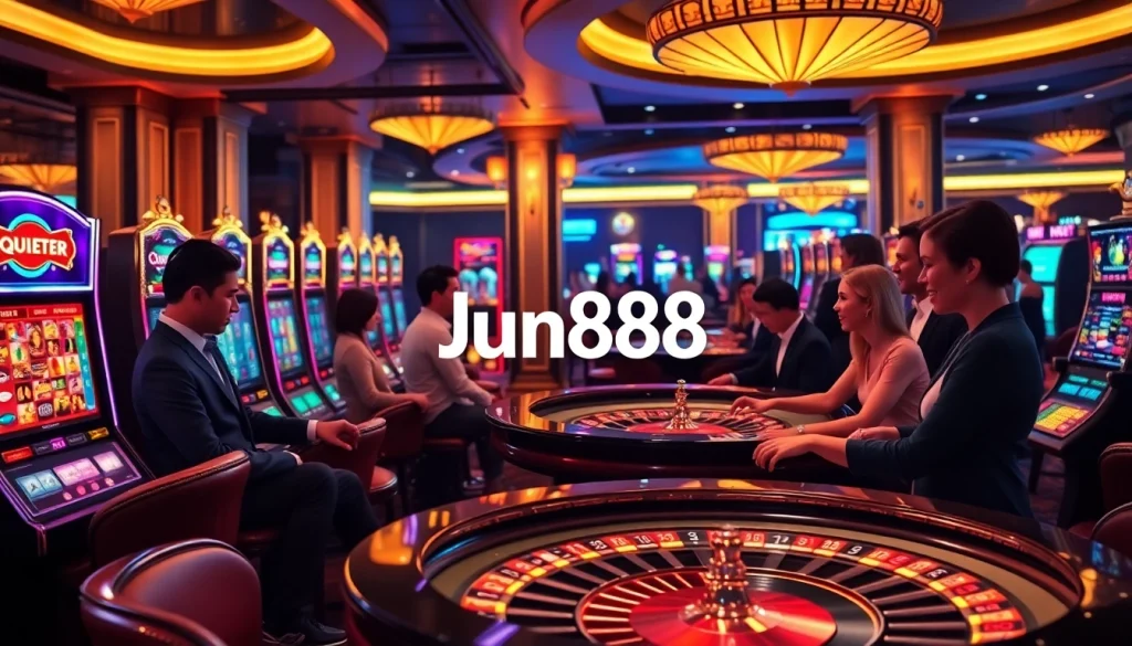 Experience the thrill of gambling at Jun888 with vibrant slots and poker games, showcasing excitement.