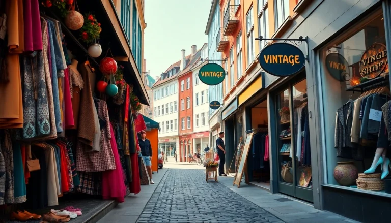 Explore the best vintage shops in Copenhagen, showcasing unique storefronts and vibrant city life.