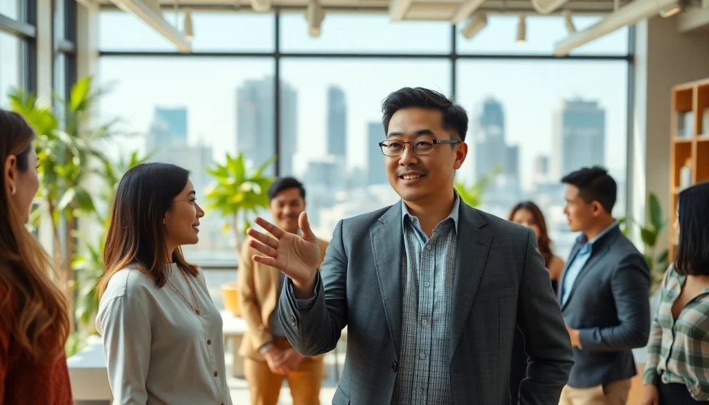 Business coach San Francisco guiding a diverse team in a bright office, inspiring collaboration.