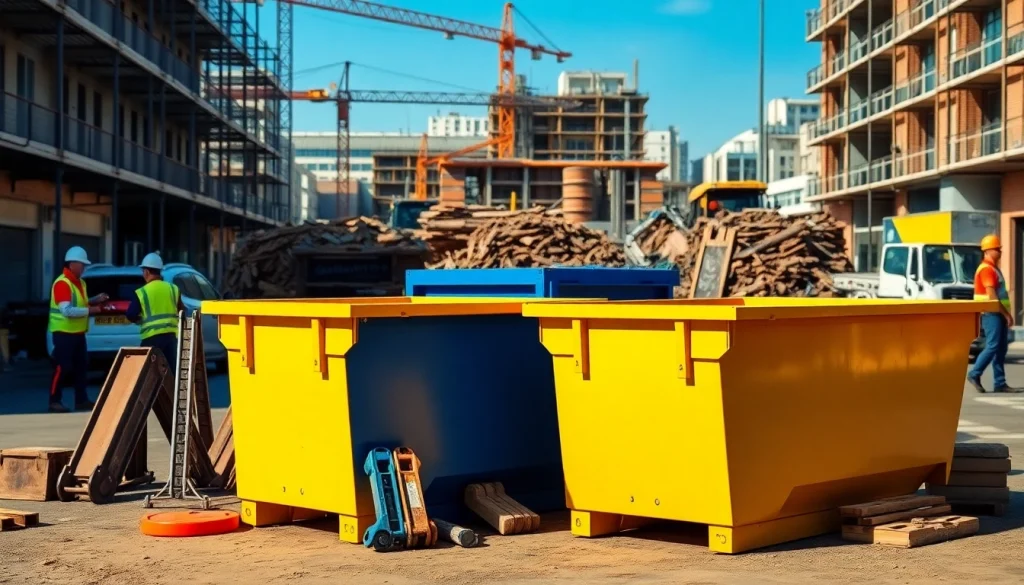Efficient skip hire service with vibrant skips at a busy construction site, showcasing modern solutions.