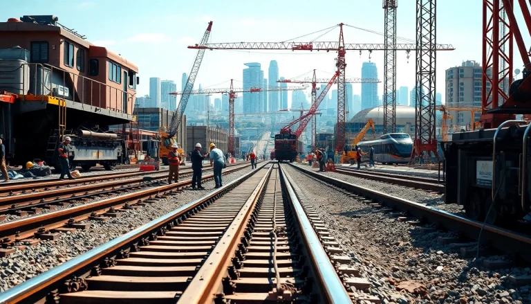 Workers engaged in railroad construction, coordinating efforts with machinery on-site.