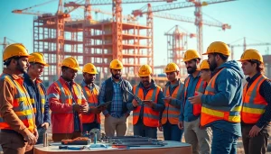 Showcasing construction workforce development with diverse workers engaged in skill-building activities on a construction site.
