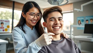 Teenage orthodontist Hawthorn assisting a teenager with braces in a modern dental clinic