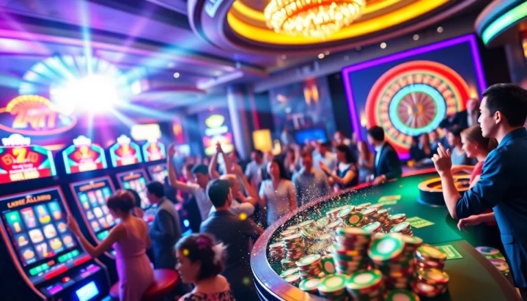 Excited gamblers celebrating a win at a slot gacor 777 machine in a vibrant casino environment.