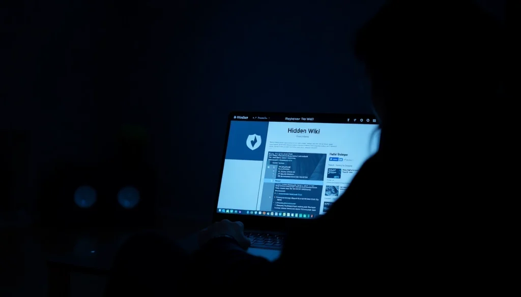 Person exploring hidden wiki tor on a laptop in a dark room with Tor browser.