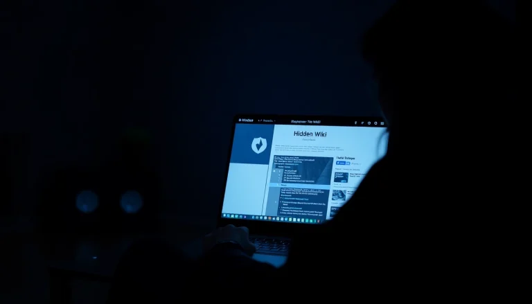 Person exploring hidden wiki tor on a laptop in a dark room with Tor browser.
