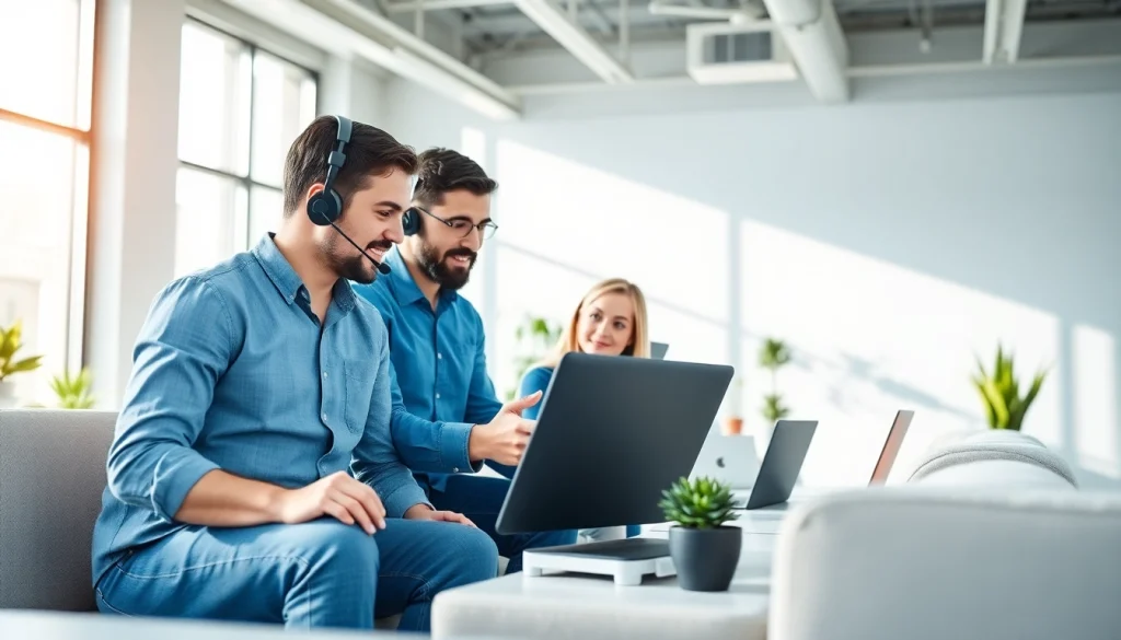 Engaged IT support services team collaborating on a project in a bright office.