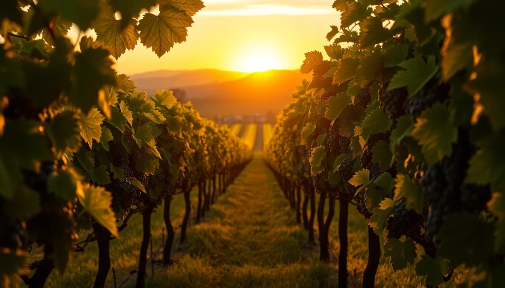 Experience the best california wineries amid lush vineyards and a serene sunset backdrop.