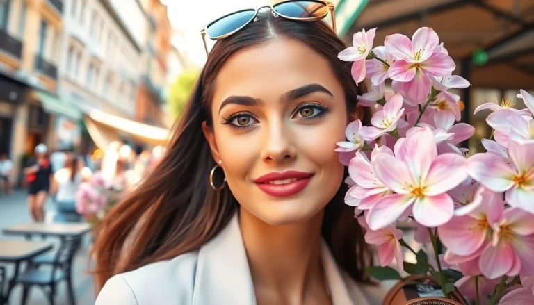 Explore vibrant beauty and style trends in an urban chic setting highlighted by a stylish model.