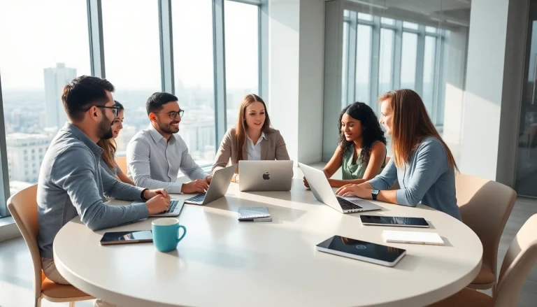 Collaboration scene showcasing remote software development jobs with diverse professionals in a modern workspace.
