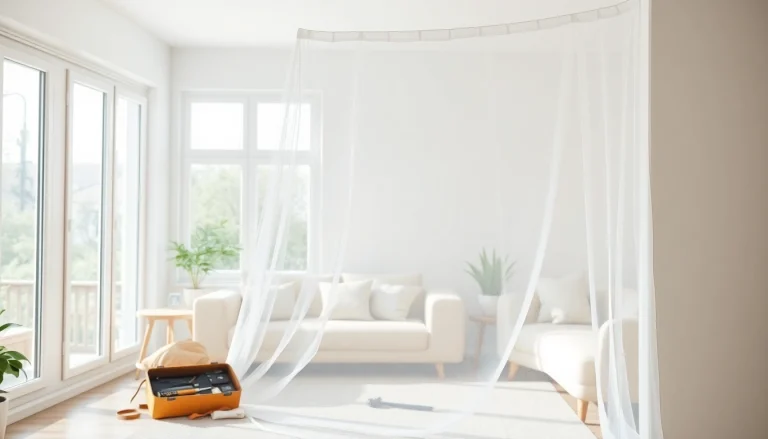 Installerer effektivt et myggenet i en lys stue for at beskytte mod myg og insekter.