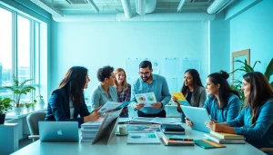 Engaged team in a direct mail company designing marketing materials in a bright office.