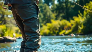 A skilled angler casting in the river with fly fishing waders, showcasing durability and comfort.