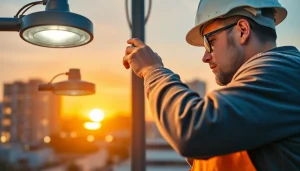 Enhance your edmonton lighting maintenance with expert technician inspecting modern fixtures.