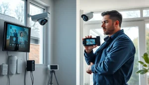 Instalación profesional de alarmas de seguridad que muestra cámaras y sistemas de seguridad de alta tecnología.