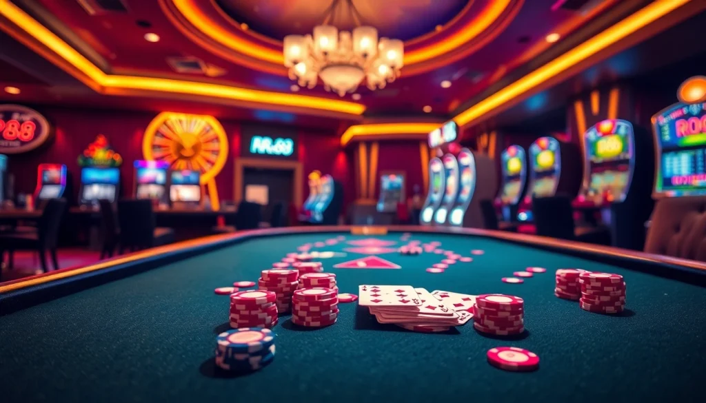 Experience the excitement of RR88 casino gaming with vibrant poker chips and cards.