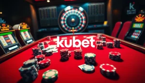 Kubet players engaging at a luxurious casino table with colorful poker chips and vibrant slots.