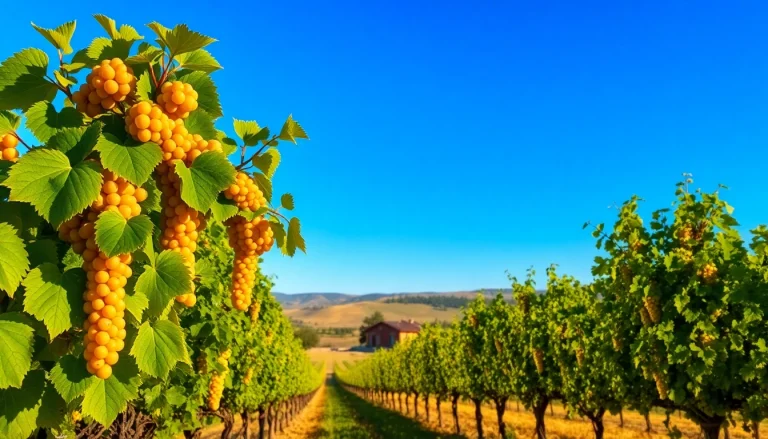 Experience the breathtaking vineyards of Clarksburg wineries with vibrant grapes against a scenic landscape.