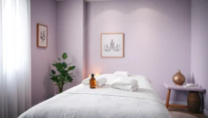 편안한 분위기와 진정된 색상으로 강조된 이완 마사지 치료실, 마사지 경험을 강조합니다.