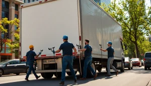 Moving companies edmonton professionals efficiently loading a truck in a vibrant urban setting.