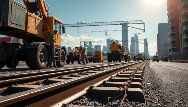 Railroad Construction team laying tracks in an urban setting with machinery and safety gear.