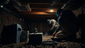 Crawl Space Restoration service showcasing technicians repairing moisture damage in a residential setting.