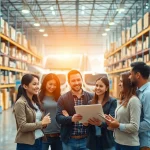 Efficient logistics professionals managing 3PL operations in a busy warehouse.