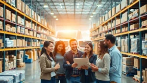 Efficient logistics professionals managing 3PL operations in a busy warehouse.