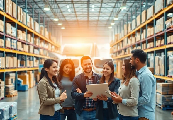 Efficient logistics professionals managing 3PL operations in a busy warehouse.