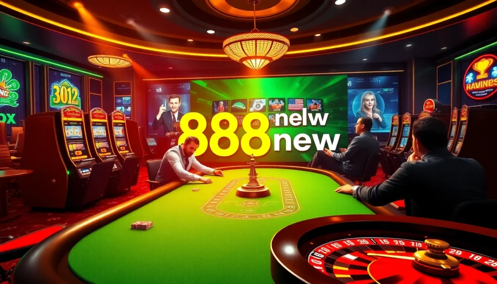 Players strategizing at a poker table with vibrant casino elements, highlighting 888new excitement.