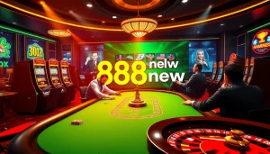 Players strategizing at a poker table with vibrant casino elements, highlighting 888new excitement.