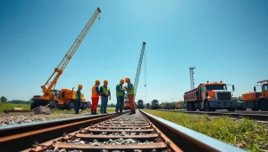 Railroad Construction team working together to lay tracks on a green landscape.