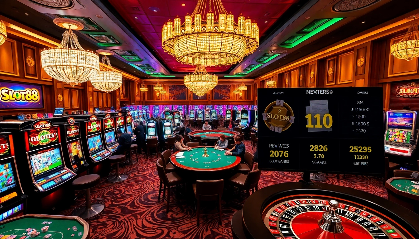 Playing slot88 gacor with vibrant machines and excited players in a luxurious casino environment.