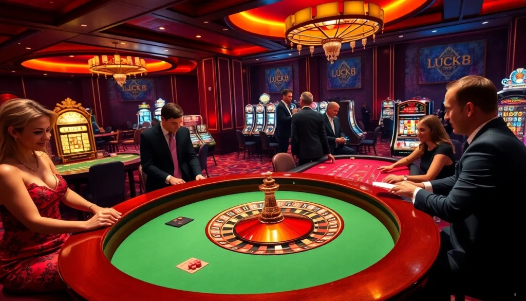 Engaging casino atmosphere displaying LUCK8 players enjoying roulette and poker games, emphasizing excitement.