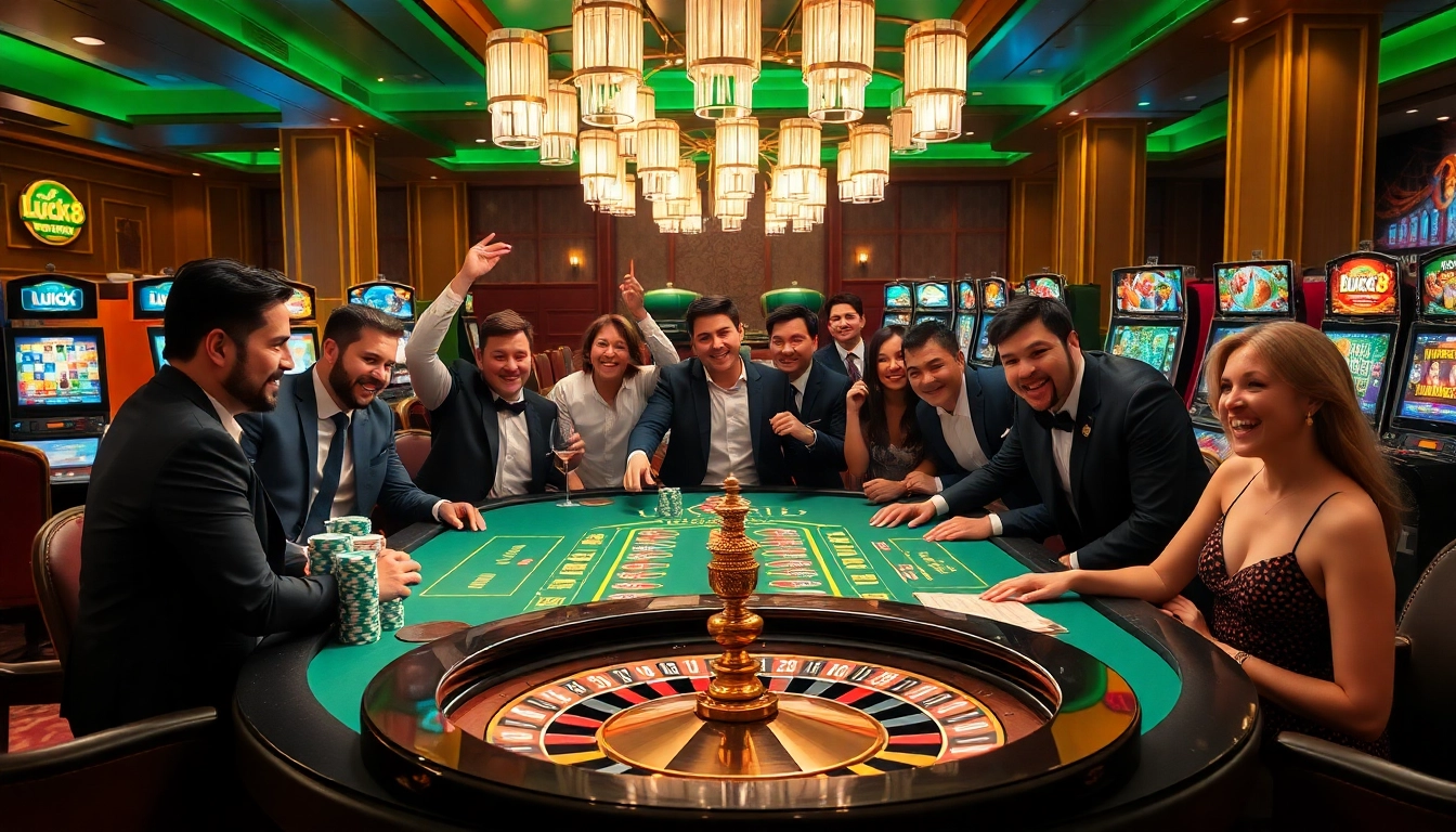 LUCK8 gaming table filled with excited players surrounded by poker chips and slot machines.