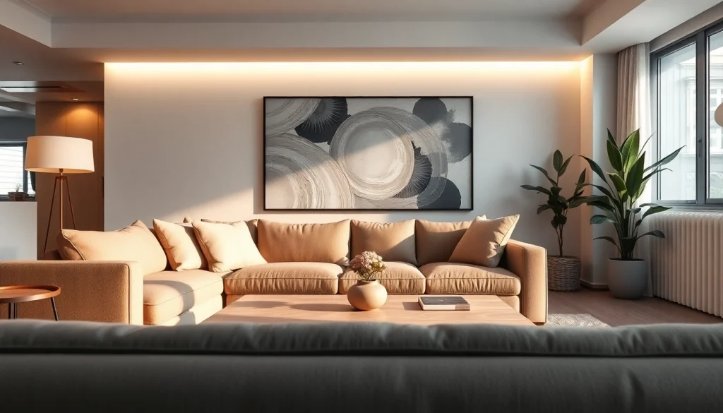 Inbouwspots verlichten een moderne woonkamer met elegant design en sfeervolle uitstraling.