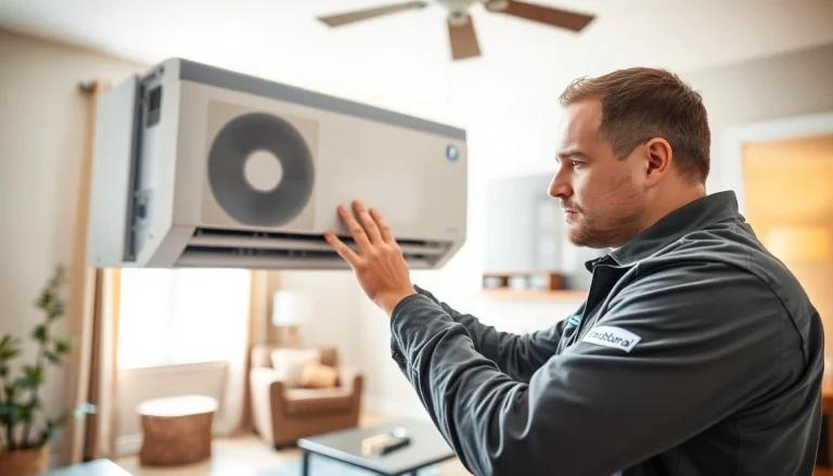 Skilled Alberta HVAC dealer technician servicing an air conditioning unit in a cozy home.