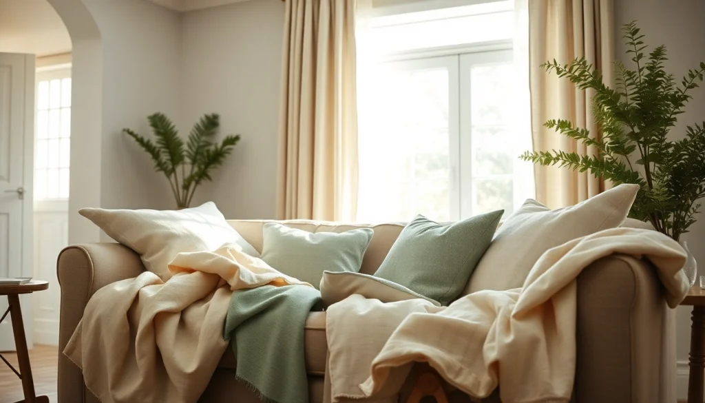 Linnen stoffen van diverse texturen in een sfeervolle woonkamer.