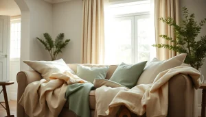 Linnen stoffen van diverse texturen in een sfeervolle woonkamer.