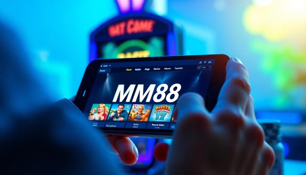 MM88 online platform displayed on smartphone, showcasing user-friendly interface and gaming excitement
