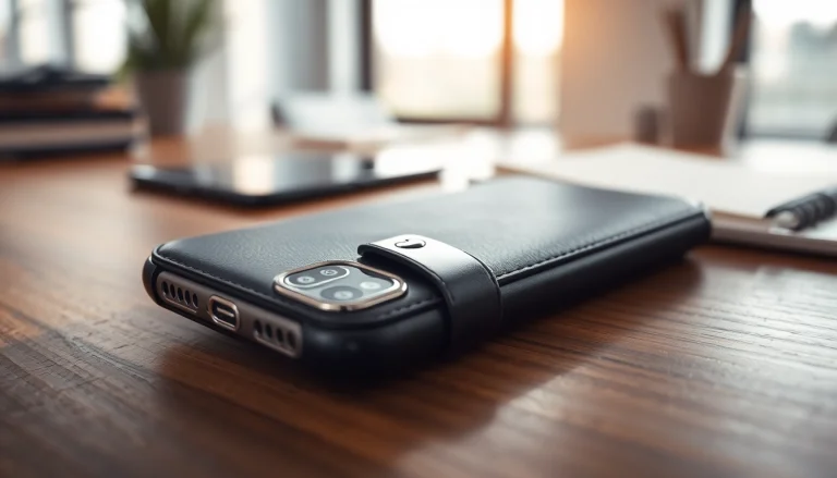 Handy Tasche abschließbar in stilvollem Büroumfeld präsentieren mit eleganter Ausstrahlung.