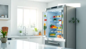 Spacious Refrigerator in a modern kitchen filled with fresh ingredients and vibrant sunlight.