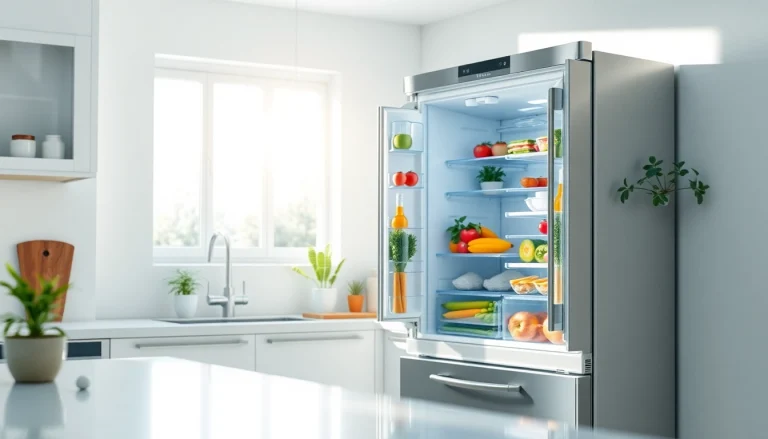 Spacious Refrigerator in a modern kitchen filled with fresh ingredients and vibrant sunlight.