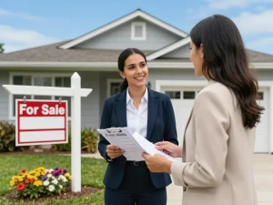 Sell my house fast for cash with a joyful real estate agent and homeowner discussing property.