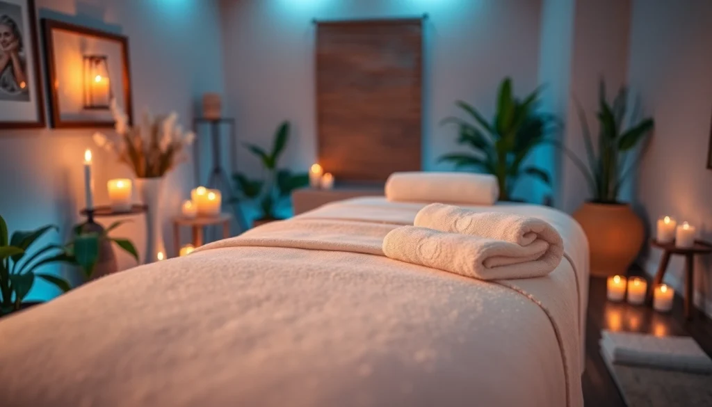 아늑한 장식과 부드러운 조명이 어우러진 편안한 마사지실 분위기.