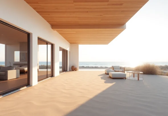 Experience the stunning design of the Orleans Cape home alongside the beach, highlighting modern architecture.