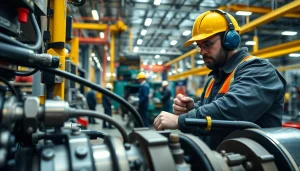 Technician engaged in on-site hydraulic repair demonstrating expertise and precision.