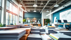 Showcased workspace of a direct mailing company emphasizing productivity and vibrant mail products.