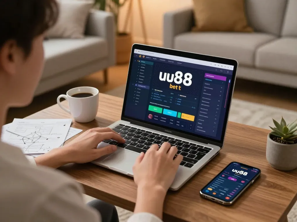 Engaging in uu88 bet from home, showcasing online gaming setup with strategy notes and warm ambiance.