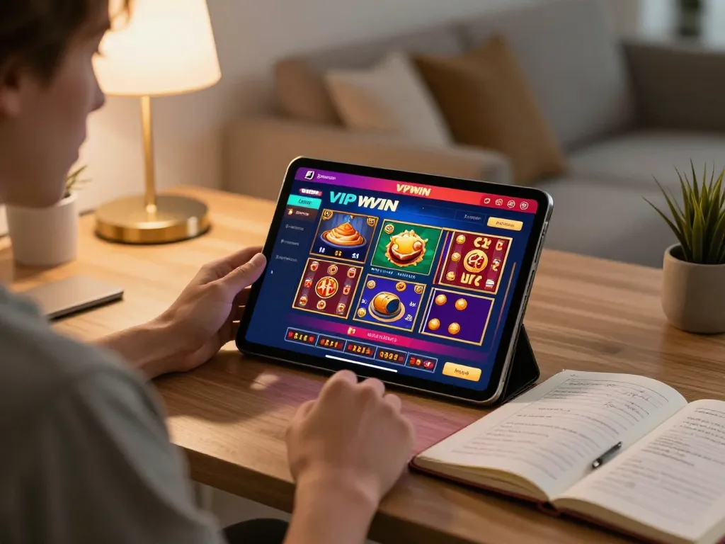 Player using VIPWIN app on tablet to explore online casino games, emphasizing strategic betting.